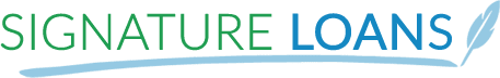 Logo of signature loans online, featuring bold, green text and a blue swoosh underline.